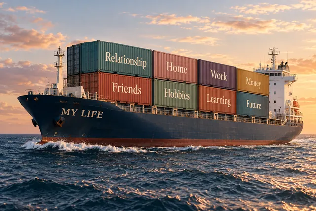 Container ship named My Life, stacked with containers labelled Relationship, Home, Work, Money, Friends, Hobbies, Learning and Future.